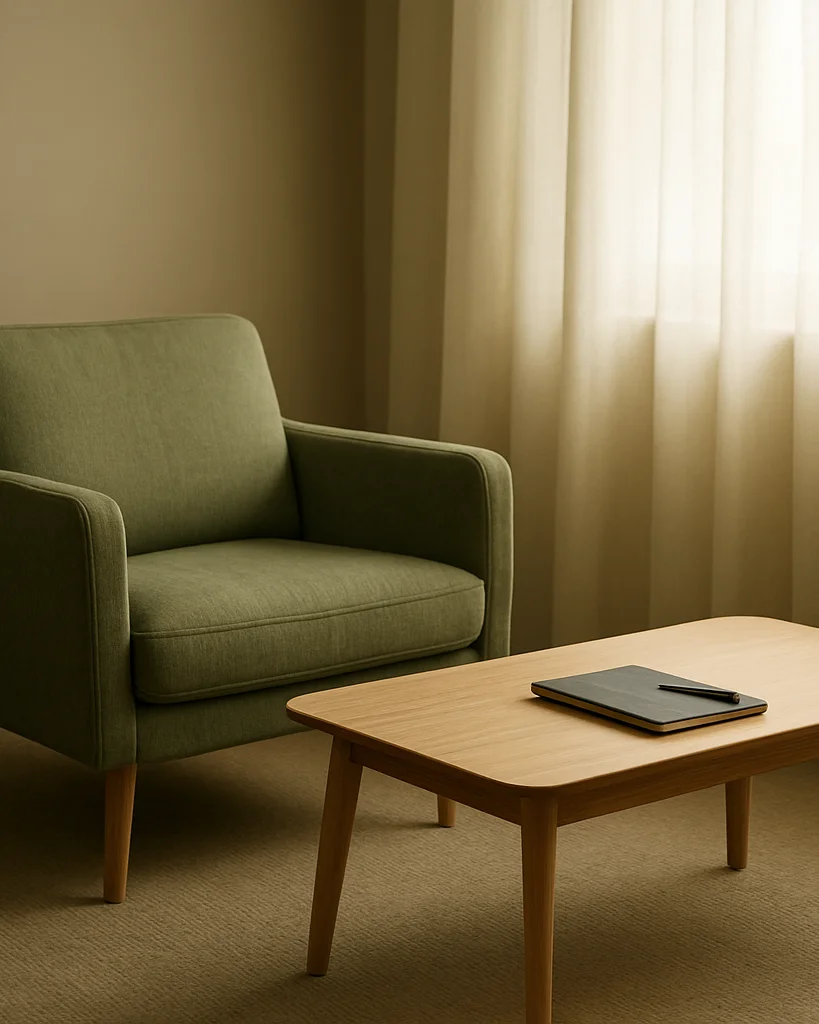 Editorial photograph of a calm professional consulting room, soft natural diffuse daylight through a linen curtain, sage